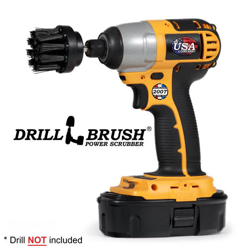Drillbrush 2 inch Short Ultra Stiff Black Grill & Industrial Brush in a cordless drill.