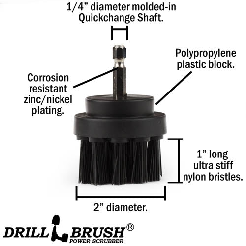 Specs for the Drillbrush 2 inch Short Ultra Stiff Black Grill & Industrial Brush.