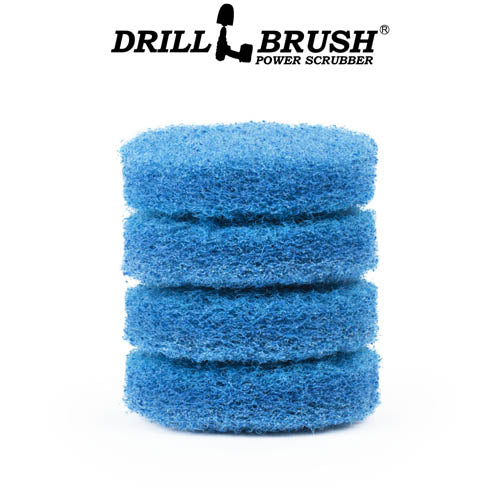 The Drillbrush Stiff Blue 3 inch Scrubbing Pad Refill Kit in a stack.