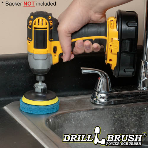 The Drillbrush Stiff Blue 3 inch Scrubbing Pad Refill Kit attached to a 3 inch backer (not included) cleaning around a kitchen sink.