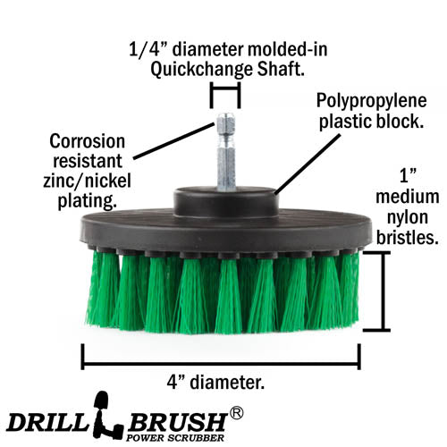 Specs for the Drillbrush 4 inch Medium Green Kitchen Brush.