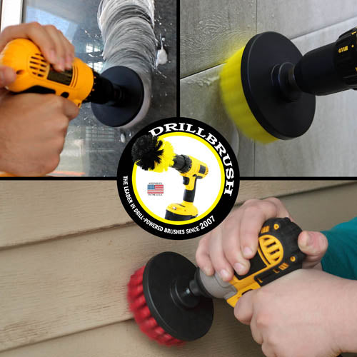 Action shots of a Soft White 4 inch brush cleaning a window, a Medium Yellow 4 inch brush cleaning tile grout, , and a Stiff Red 4 inch Drillbrush cleaning vinyl siding.