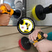Action shots of a Soft White 4 inch brush cleaning a window, a Medium Yellow 4 inch brush cleaning tile grout, , and a Stiff Red 4 inch Drillbrush cleaning vinyl siding.