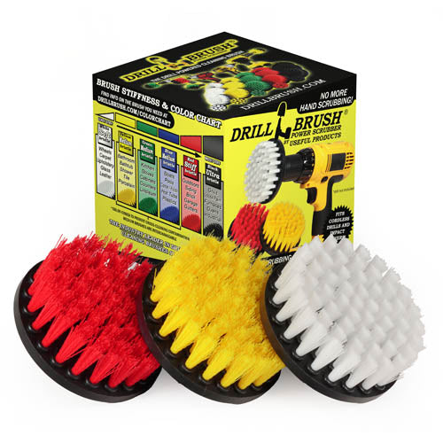 The Drillbrush Soft White, Medium Yellow, and Stiff Red 4 inch 3-piece Variety Brush Kit in front of the box it came in.