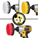 Images of the Drillbrush Soft White, Medium Yellow, and Stiff Red 4 inches in cordless drills.