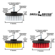 Specs for the Drillbrush Soft White, Medium Yellow, and Stiff Red 4 inch 3-piece Variety Brush Kit.