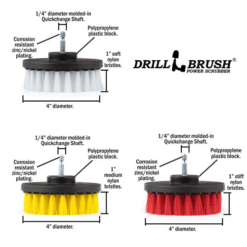 Specs for the Drillbrush Soft White, Medium Yellow, and Stiff Red 4 inch 3-piece Variety Brush Kit.