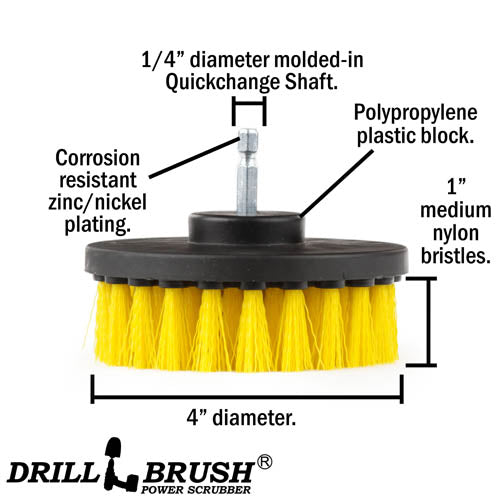 Specs for the Drillbrush 4 inch Medium Yellow Bathroom Brush.