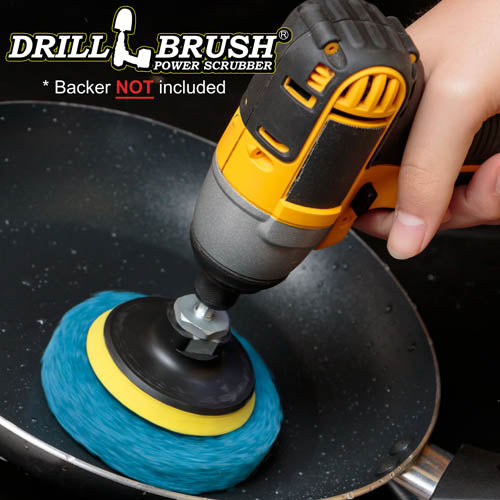 The Drillbrush Stiff Blue 4 inch Scrubbing Pad Refill Kit attached to a 3 inch backer (not included) cleaning a frying pan.