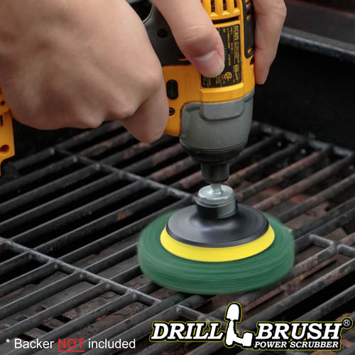 The Drillbrush Abrasive Green 4 inch Scrubbing Pad Refill Kit attached to a 3 inch backer (not included) cleaning grill grates.