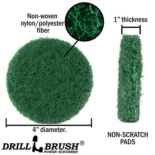 Specs for the Drillbrush Abrasive Green 4 inch Scrubbing Pad.