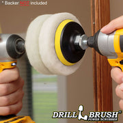 The Drillbrush Soft White 4 inch Scrubbing Pad attached to a 3 inch backer (not included) cleaning the mirror on a medicine cabinet.