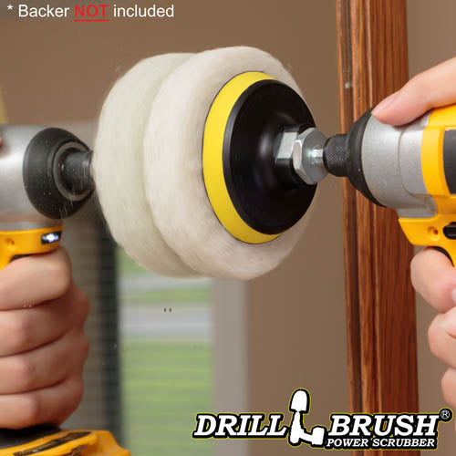 The Drillbrush Soft White 4 inch Scrubbing Pad attached to a 3 inch backer (not included) cleaning the mirror on a medicine cabinet.