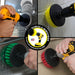 Soft White 4 inch Flat Drillbrush cleaning a window, Medium Yellow 4 inch Flat Drillbrush scrubbing tile grout, Medium Green 4 inch Flat Drillbrush cleaning a sink, and a Stiff Red 4 inch Flat Drillbrush cleaning siding.