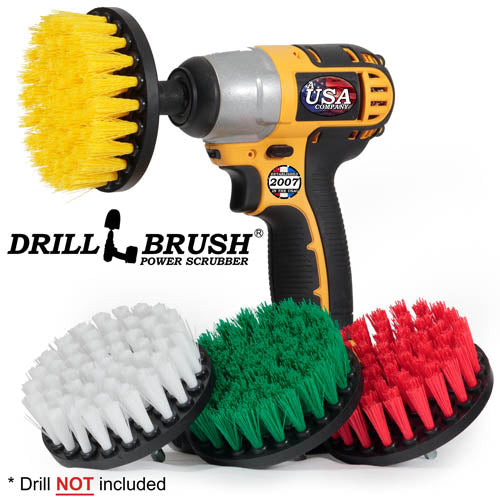 Drillbrush 4 inch Soft White, Medium Yellow, Medium Green, and Stiff Red Flat Brush 4-piece kit in a cordless drill.