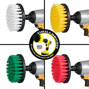 Soft White, Medium Yellow, Medium Green, and Stiff Red 4 inch flat brushes in cordless drills.