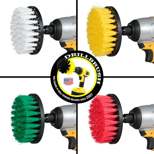 Soft White, Medium Yellow, Medium Green, and Stiff Red 4 inch flat brushes in cordless drills.