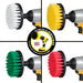 Soft White, Medium Yellow, Medium Green, and Stiff Red 4 inch flat brushes in cordless drills.
