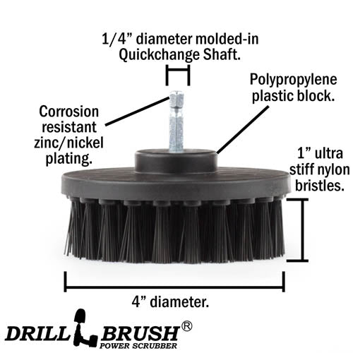 Specs for the Drillbrush 4 inch Ultra Stiff Black Grill & Industrial Brush.