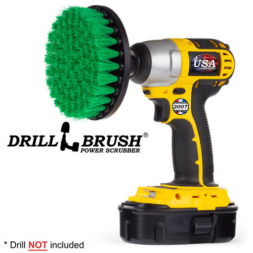 Drillbrush 5 inch Medium Green Kitchen Brush in a cordless drill.