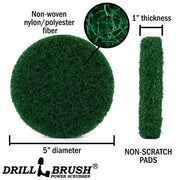 Specs for the Drillbrush Green Abrasive 5 inch Scrubbing Pad.
