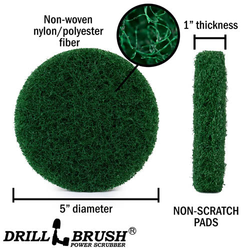 Specs for the Drillbrush Green Abrasive 5 inch Scrubbing Pad.
