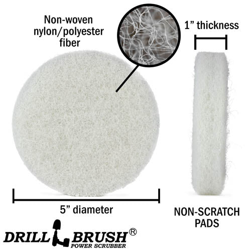 Specs for the Drillbrush Soft White 5 inch Scrubbing Pad.