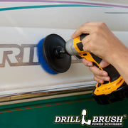 Drillbrush 5 inch Medium Blue Marine & Pool Brush cleaning the hull of a boat.