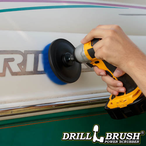 Drillbrush 5 inch Medium Blue Marine & Pool Brush cleaning the hull of a boat.