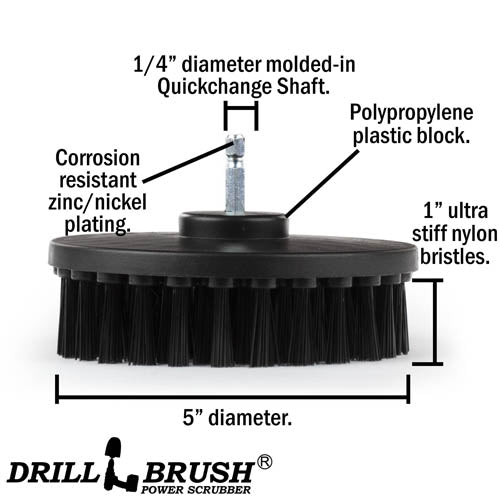 Specs for the Drillbrush 5 inch Ultra Stiff Black Grill & Industrial Brush.