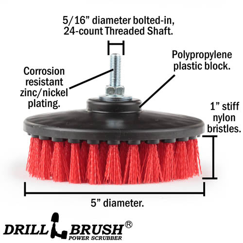 Specs for the Drillbrush 5 inch Threaded Stiff Red Outdoor & Patio Brush.