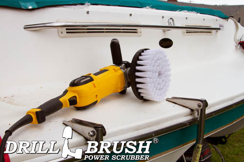 Soft White Home & Auto 7 inch Drillbrush in a variable speed polisher sitting on the stern of a boat.