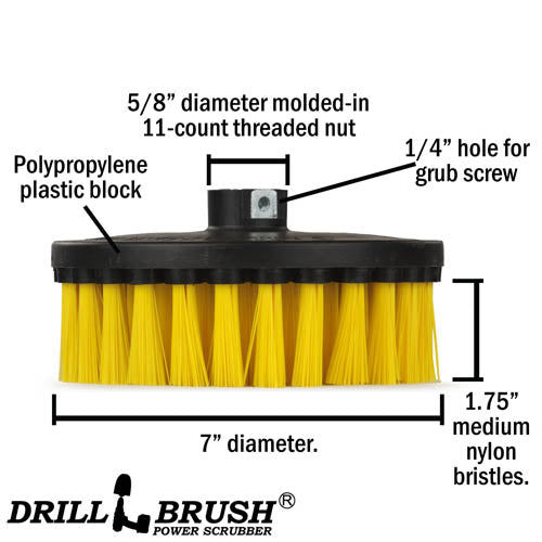 Technical specs of a Medium Yellow Bathroom 7 inch Drillbrush.