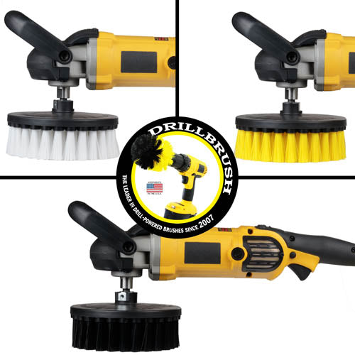 Drillbrush Soft White, Medium Yellow, and Ultra Stiff Black 7 inch brushes in variable speed polisher.