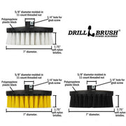 Specs for the Drillbrush Soft White, Medium Yellow, and Ultra Stiff Black 3-piece Variety 7 inch Brush Kit.