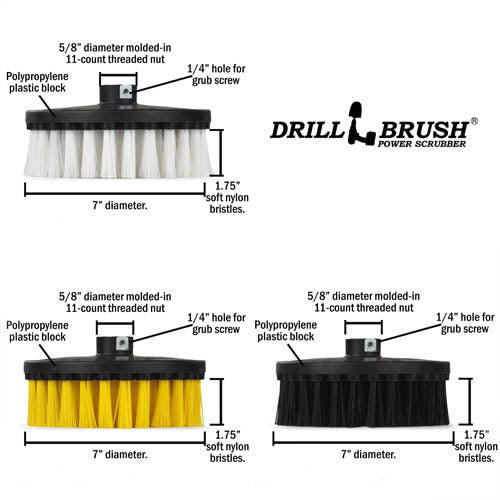 Specs for the Drillbrush Soft White, Medium Yellow, and Ultra Stiff Black 3-piece Variety 7 inch Brush Kit.