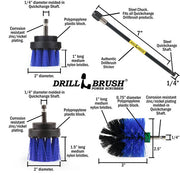 Specs for the Drillbrush 2 inch Short, 2 inch Long, and Mini Medium Blue Marine & Pool Brushes, as well as a 7 inch extension.