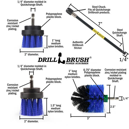 Specs for the Drillbrush 2 inch Short, 2 inch Long, and Mini Medium Blue Marine & Pool Brushes, as well as a 7 inch extension.