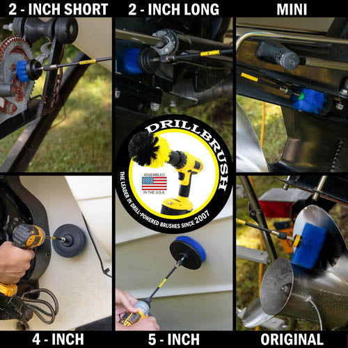 Action shots of a Medium Blue Original brush in a 7 inch extension cleaning a propeller, a Medium Blue 2 inch Short brush in a 7 inch extension cleaning a gear, Medium Blue 2 inch Long and Mini brushes in 7 inch extensions cleaning parts of a boat motor, and Medium Blue 4 inch and 5 inch brushes in 7 inch extensions cleaning the hull of a boat.
