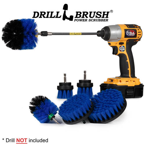 Drillbrush 542OMS-2L-7X Medium Blue Marine & Pool Brush Kit with an Original brush in a 7 inch extension in a cordless drill.