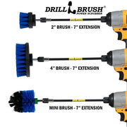 Images of the Drillbrush 2 inch Short, 4 inch, and Mini Medium Blue Marine & Pool Brushes in 7 inch extensions in cordless drills.