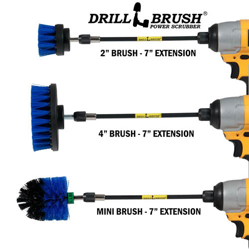 Images of the Drillbrush 2 inch Short, 4 inch, and Mini Medium Blue Marine & Pool Brushes in 7 inch extensions in cordless drills.
