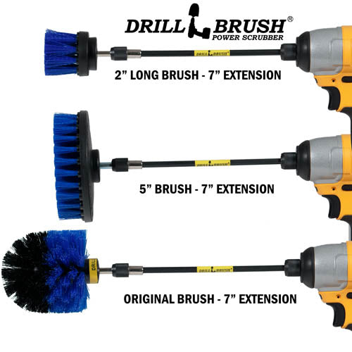 Images of the Drillbrush 2 inch Long, 5 inch, and Original Medium Blue Marine & Pool Brushes in 7 inch extensions in cordless drills.