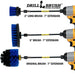 Images of the Drillbrush 2 inch Long, 5 inch, and Original Medium Blue Marine & Pool Brushes in 7 inch extensions in cordless drills.