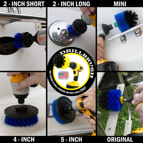 Action shots of a Medium Blue Original brush cleaning a boat ladder, a Medium Blue 2 inch Short Drillbrush cleaning the stern of a boat, a Medium Blue 2 inch Long Drillbrush cleaning a gas cap, a Medium Blue Mini Drillbrush cleaning a handle, and Medium Blue 4 inch and 5 inch Drillbrush cleaning the hull.