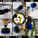 Action shots of a Medium Blue Original brush cleaning a boat ladder, a Medium Blue 2 inch Short Drillbrush cleaning the stern of a boat, a Medium Blue 2 inch Long Drillbrush cleaning a gas cap, a Medium Blue Mini Drillbrush cleaning a handle, and Medium Blue 4 inch and 5 inch Drillbrush cleaning the hull.