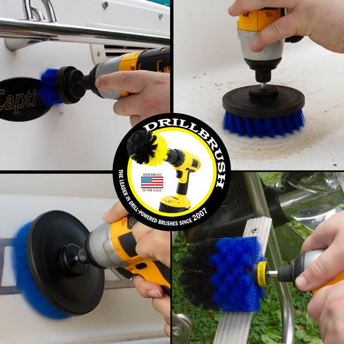 Action shots of a Medium Blue Original brush cleaning a boat ladder, a Medium Blue 2 inch Short Drillbrush cleaning the stern of a boat, and Medium Blue 4 inch and 5 inch Drillbrush cleaning the hull.