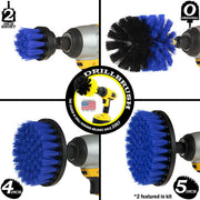 Images of the Drillbrush 2 inch Short, 4 inch, 5 inch, and Original Medium Blue Marine & Pool Brushes in cordless drills.