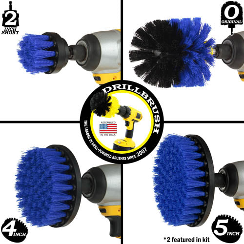 Images of the Drillbrush 2 inch Short, 4 inch, 5 inch, and Original Medium Blue Marine & Pool Brushes in cordless drills.