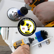 Action shots of a Medium Blue 2 inch Long Drillbrush cleaning a gas cap and a Medium Blue Mini brush cleaning a handle.